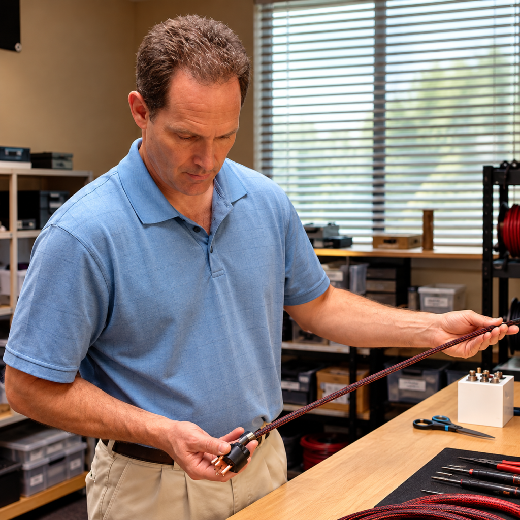 Hand-finishing an audio cable in the ANTICABLES workshop