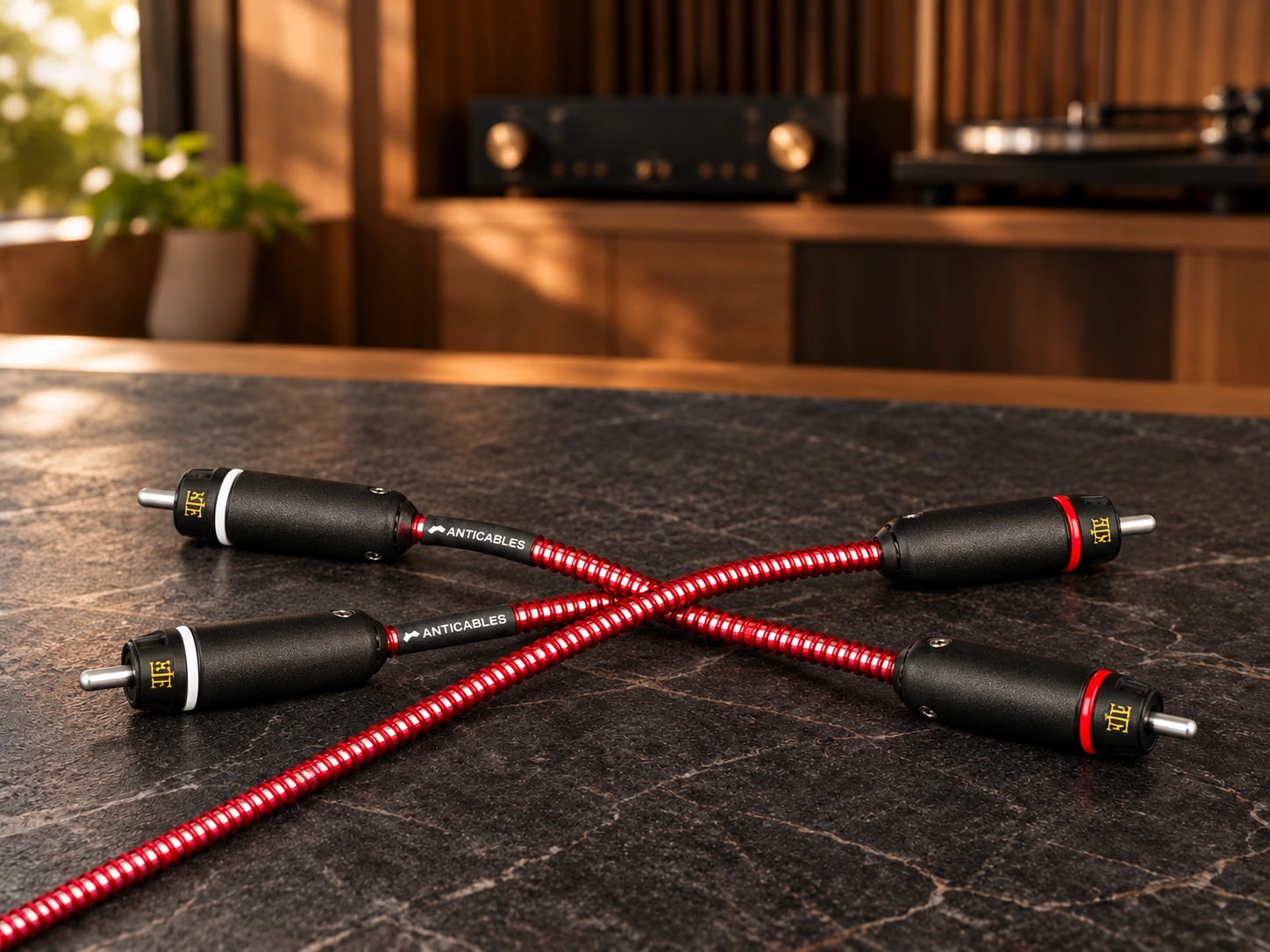 ANTICABLES interconnects — AI-assisted campaign concept in a stone and walnut listening room