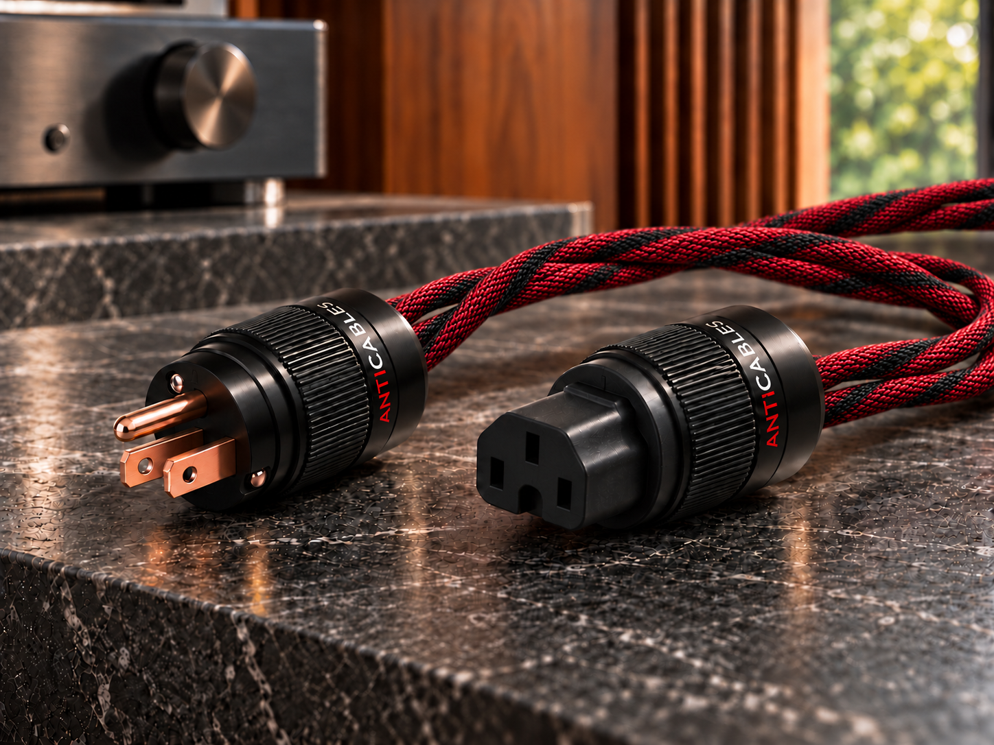 ANTICABLES red-and-black braided power cord with US three-pin plug and IEC connector — AI-assisted campaign concept in a stone and walnut listening room