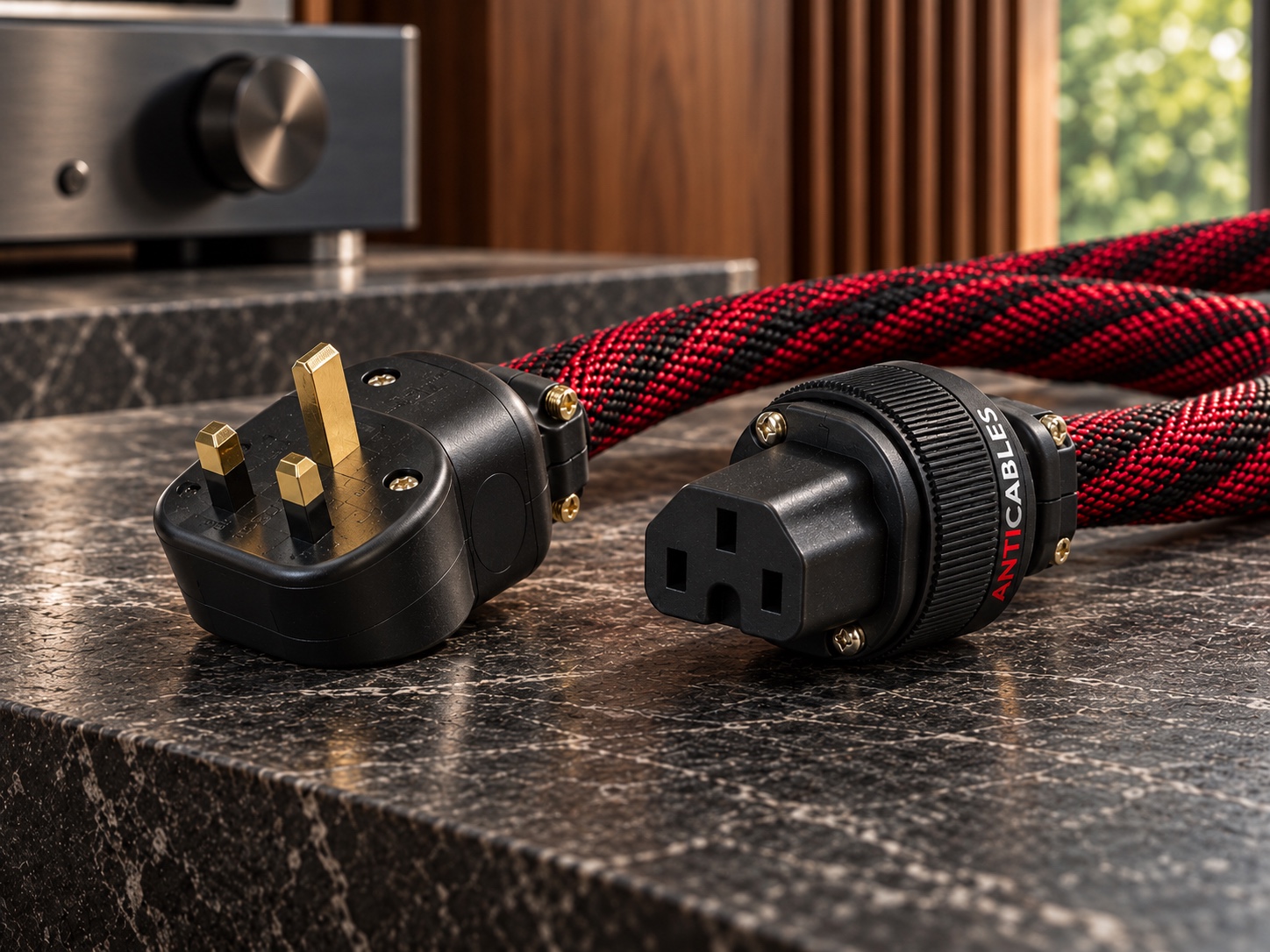 ANTICABLES UK power cords — AI-assisted campaign concept in a stone and walnut listening room